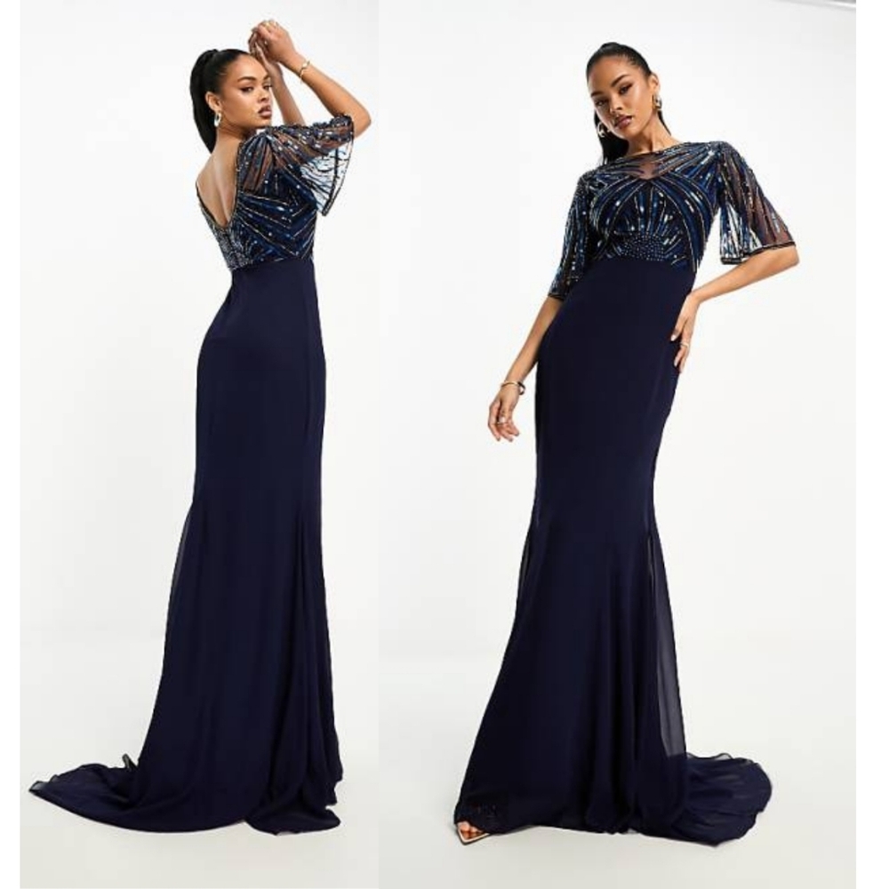 Virgos‎ Lounge Embellished Flutter Sleeve Maxi Navy Dress Sz 14 Flowy Gown Fairy